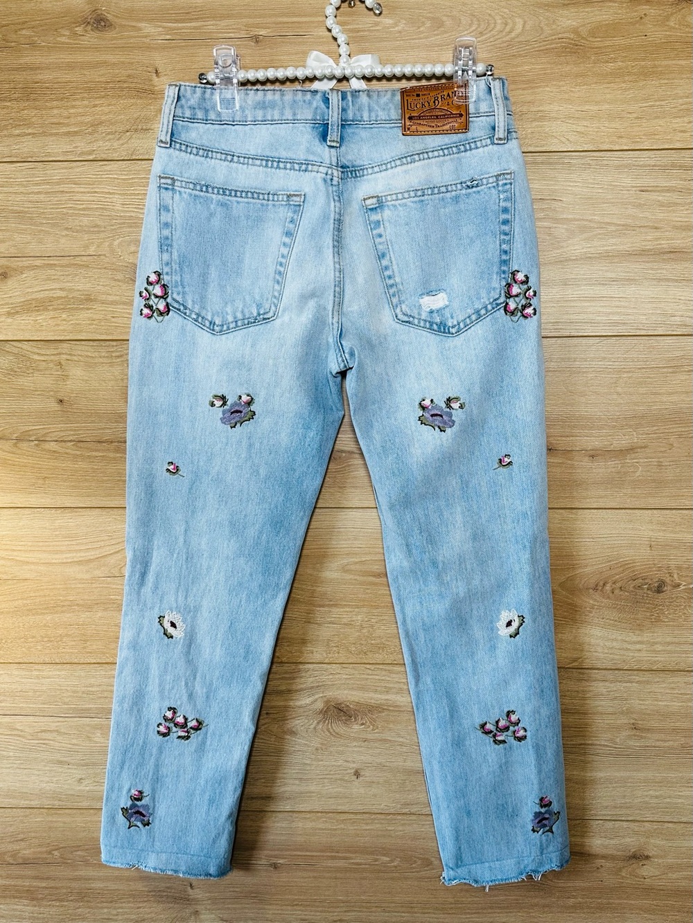 Lucky Brand Light Blue Distressed Boyfriend Jeans with Floral Embroidery - Picture 5 of 13